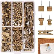 Cimeton Brown Wooden Push Pins 4 Types with Wooden Clips Wood Head Pins Steel Point Thumb Tacks for Bulletin Boards, Cork Boards, Foam Boards, Map Photos Calendar (250PCS)