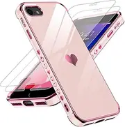 LeYi for iPhone-7 iPhone-8 Phone Case: with Tempered Glass Screen Protector [2 Pcs]+ Full Camera Lens Protection, Love Heart Plating Girly Women Cute Luxury TPU Shockproof Case for iPhone 8, Pink