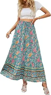 [ZESICA] Women's 2024 Summer Bohemian Floral Printed Elastic Waist A Line Maxi Skirt with Pockets