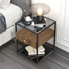 Minimalistic Side Table w/ Drawer Sofa Bed End Coffee Table Glass Top & Bottom