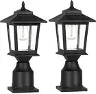 Solar Post Lights Outdoor, 2 Pack Waterproof Metal Solar Fence Lights with Pier