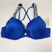 Victoria Secret 34C Bombshell Push Up Bikini Top LOGO Shine Strap Blue