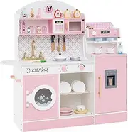 HONEY JOY Kids Kitchen Playset, Wooden Pretend Play Kitchen w/Clock, Microwave, Sink, Dish Rack, Washing Machine, Ice & Coffee Makers, Toy Kitchen Set with Accessories & Storage, for 3+ Years, Pink
