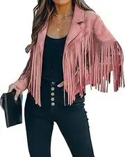 utcoco Women's Cropped Open-Front Tassels Faux Suede Moto Biker Jacket