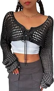 [EliteLand] Women's Tie Front Bolero Shrug Long Sleeve Cardigan Sweaters Lightweight Crochet Cropped Top