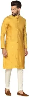 KISAH Men's Kurta, Mustard Jacquard, Woven Design Regular Fit Long Sleeves Mandarin Collar
