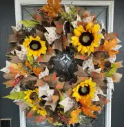 XL Deluxe Yellow Sunflower Fall Floral Deco Mesh Wreath Thanksgiving Home Decor