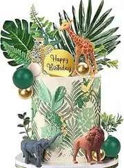 DRWATE Jungle Cake Topper Flower Cake Topper Palm Leaves Cake Decorations with Artificial Flower Ginkgo Leaves for Birthday Party Wedding Baby Shower Boho Themed Party Supplies (Green)