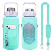 Water Bottle Carrier Bag Neoprene 2L Bottle Pouch Holder Adjustable Shoulder with Pocket for Travelling -Green