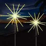 2pcs Solar Firework Meteor Lights 8 Mode Starburst Lamp Christmas Garden Decor -Warm White