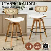 ALFORDSON 4x Bar Stools Kitchen Vintage Leather Seat Rattan Chair White