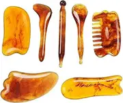 7 Pack Gua Sha Scraping Massage Facial Tools Kit, ResinGuasha Scraper Board Health Care Beauty Scrape Plate with Flax Bag for Face Body Leg Back Care Physical Acupuncture Deep Tissue Therapy (Amber)