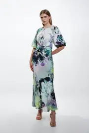 Tall Spring Floral Printed Hammered Satin Woven Midi Dress