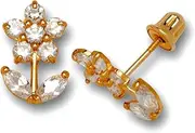 [JewelryWeb] 14k Yellow Gold CZ Simulated Diamond Flower With Leaves Screw Back Earrings 11x7mm Stud Earring for Women