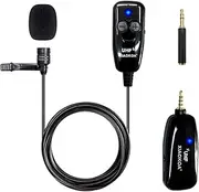 XIAOKOA Wireless Microphone, UHF Wireless Lavalier Microphone, 50m Wireless Transmission, Sound and Video Recording, for Cell Phone and Camera - Black