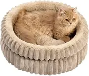 Kitten Bed, Round Plush Fluffy Hooded Cat Bed, Cat Bed Washable for Indoor Cats, Super Soft Plush Faux Fur Pet Bed for Puppy and Kitten with Anti-Slip Bottom