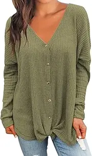[MIHOLL] Womens Loose Blouse Short Sleeve V Neck Button Down T Shirts Tie Front Knot Casual Tops