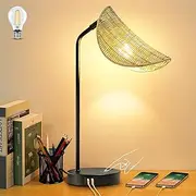 LuxeBeam Touch Table Lamp for Bedroom - 3 Way Dimmable Boho Desk Lamp with Rattan Shade, USB Charging Port, includes 8W 2700K LED Bulb for Living Room, Nightstand, Office