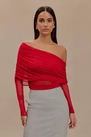 Everly Sheer Mesh Off Shoulder Top - Ruby