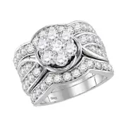 14k White Gold Round Diamond Cluster Bridal Wedding Ring Set 3 Cttw