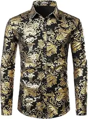 [ZEROYAA] Men's Luxury Paisley Dress Shirt Shiny Floral Printed Button Down Shirts for Party Prom
