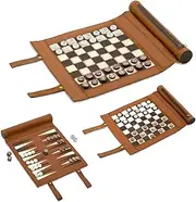 Woodronic Roll Up Backgammon Chess Checker Set, Travel Game Set of Suede Leather with Gift Packaging, Brown