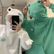 Couple Matching Lettering Frog Hoodie White - M