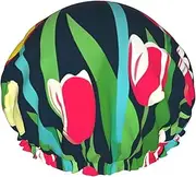Colorful Tulips Print Shower Cap For Women Men Reusable Lightweight Soft Bath Hair Cap With Elastic Band