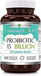 Amazing Flora Probiotic 10 Best Probiotics Strains Including Acidophilus, plantarum, rhamnosus etc * Supports Digestive & Immune Health * Veggie Capsules (60 Count, 15 Billion)