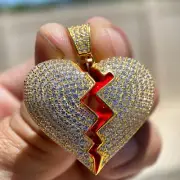 14K Gold Plated 925 Sterling Silver Broken Heart Pendant Iced Flooded Out CZ