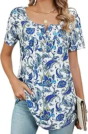 [GRECERELLE] Women Stretchy Blouse Round Neck T Shirts Ladies Causal Bottun Down Tops Short Sleeve Summer Tunic