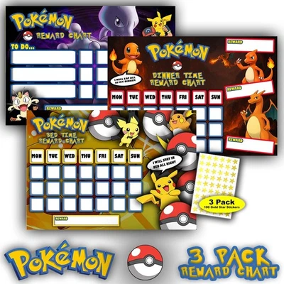Pokémon Reward Charts 3-Pack - Bedtime, Dinner & Tasks -Early Learning Behaviour