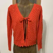 Willow & Wind Sweater Cardigan Women's XS Red Tie Front Knit Cotton Blend Eyelet