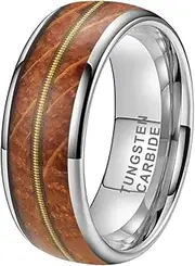 [TUTISS] 8mm Silver Black Gunmetal and Gold Tungsten Carbide Rings for Men Women Engagement Wedding Bands Whisky Wood Guitar String Inlay Domed Polished Comfort Fit