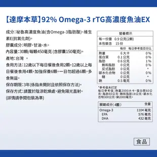 【達摩本草】92% Omega-3 rTG高濃度魚油EX(30顆)