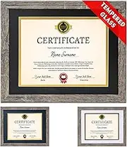 Diploma Frame Tempered Glass - Document Frames 8.5x11 with Mats(Navy, Black, White, Golden), Rustic Wooden Graduation Picture Frame 11x14 without Mat for Certificate, Degree (Set of 1, Rustic Grey)
