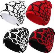 [Jeyiour] 4 Pcs Y2K Beanies Spider Web Pattern Beanie Gothic Acrylic Knitted Hat Casual Streetwear Outdoor Beanies for Men