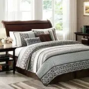 Queen King Bed Blue Brown Stripe Geometric Damask 5pc Quilt Set Coverlet Bedding
