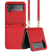 Galaxy Z Flip3 Case Litchi Grain PU Leather Folio Cover Magnetic Closure Flip Wallet Card Slots Stand Case With Hand Strap, Brown - Red