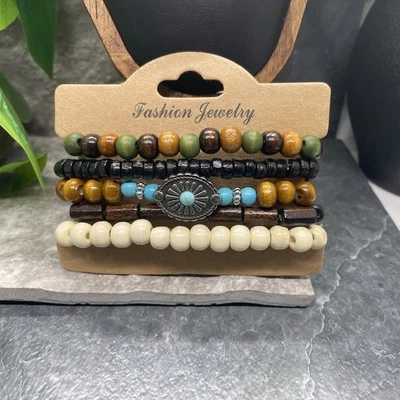 5 PC Handmade Boho Wood Bead Stackable 7” Plus Stretch Charm Bracelet Set B5848