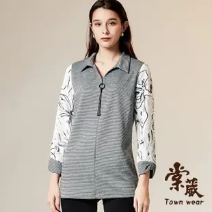 【TOWN’WEAR 棠葳】氣質花卉拼接千鳥紋長版上衣(女上衣/長袖/印花/翻領)