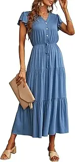 [YOUWENDU] Women's Boho Dress Ruffle Short Sleeve Tiered Summer Casual Swing Trendy Midi Button Down Dresses 2022
