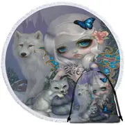 Winter Fairy with Two White Wolves and Butterflies Round Beach Towel