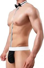 [XINCHIA] Men's Waiter Cosplay Sexy Bodysuit Thong Mankini Costume Bow Tie G-String Pants Underwear Swimsuit Fancy Dress Thong Costume with Stretchy Strap Beach Swimwear Lingerie Briefs for Carnival Party