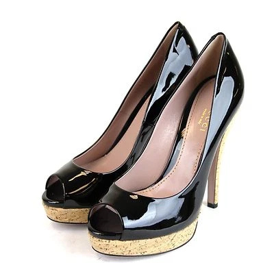 $685 New Auth Gucci Patent Leather Cork Platform Heel Pump, Black, 310175 1000