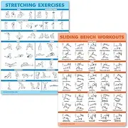2 Pack Stretching Exercises and Sliding Bench Workout Poster Set - Compatible with Total Gym & Weider Ultimate Body Works [LIGHT] (LAMINATED, 18” x 24”)
