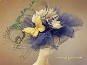 Aimee Fuller Kentucky Derby Hat Butterfly Giant Fascinator Blue Gold Pale Gray