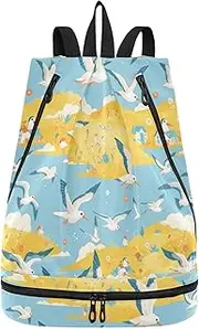 Yoogain Cartoon Albatross Bright Yellow Drawstring string bag beach beach bags with Wet Dry Compartments, Cartoon Albatross Bright Yellow, 1 size