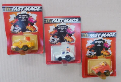 1985 McDonalds Fast Macs Pull Back & Go Cars Set of 3, Ronald, Birdie, & Big Mac