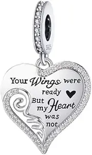 [Mon & Sons] Your Wings Were Ready But My Heart Was Not Angel Wing Memorial Charm Bead Pendant 925 Sterling Silver Dangle Compatible With Pandora Charm Bracelet, Metal